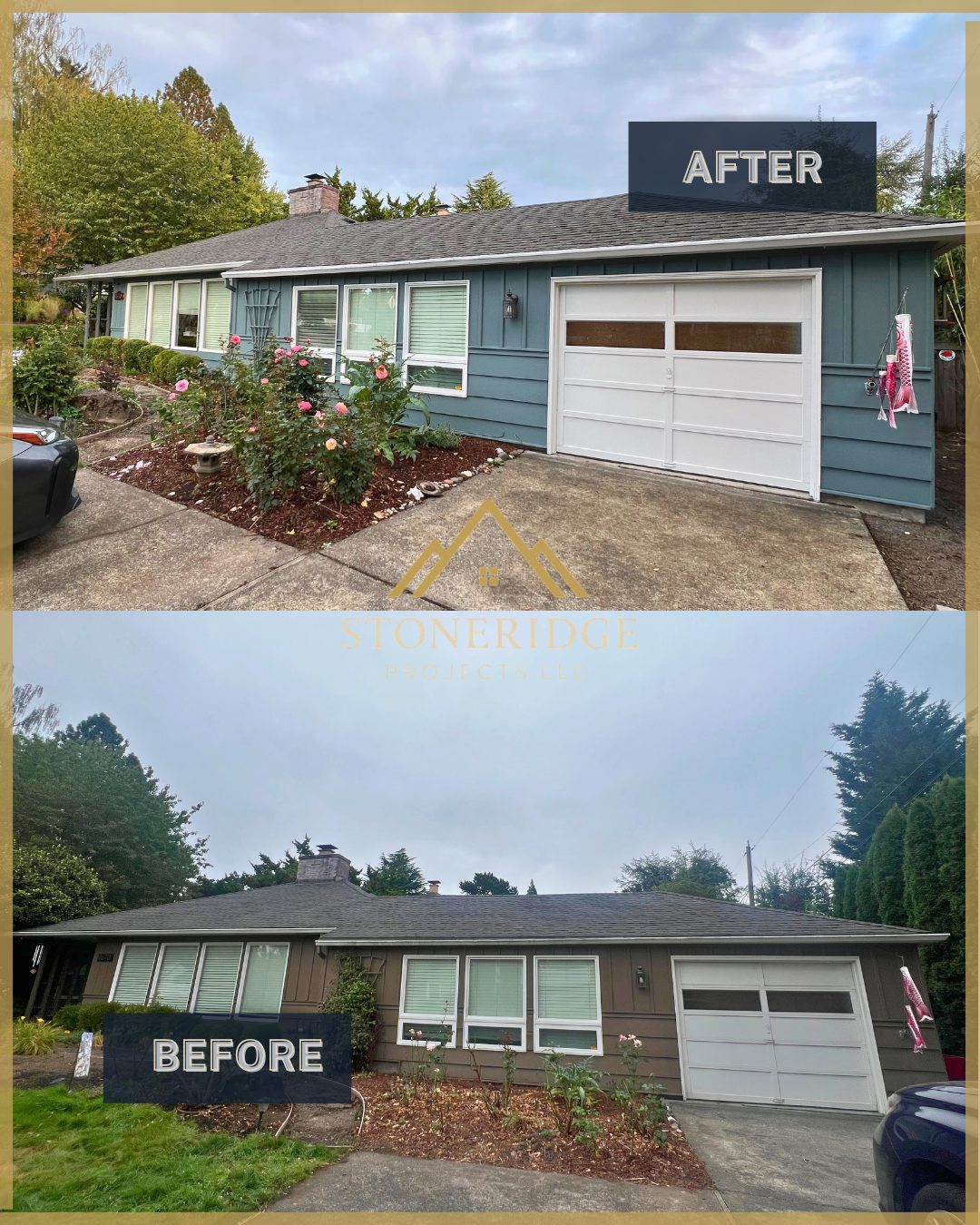 Before and after exterior house painting — siding repainted from brown to blue