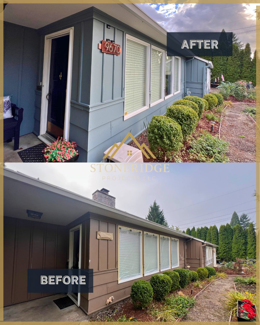 Before and after exterior entrance painting and landscaping refresh