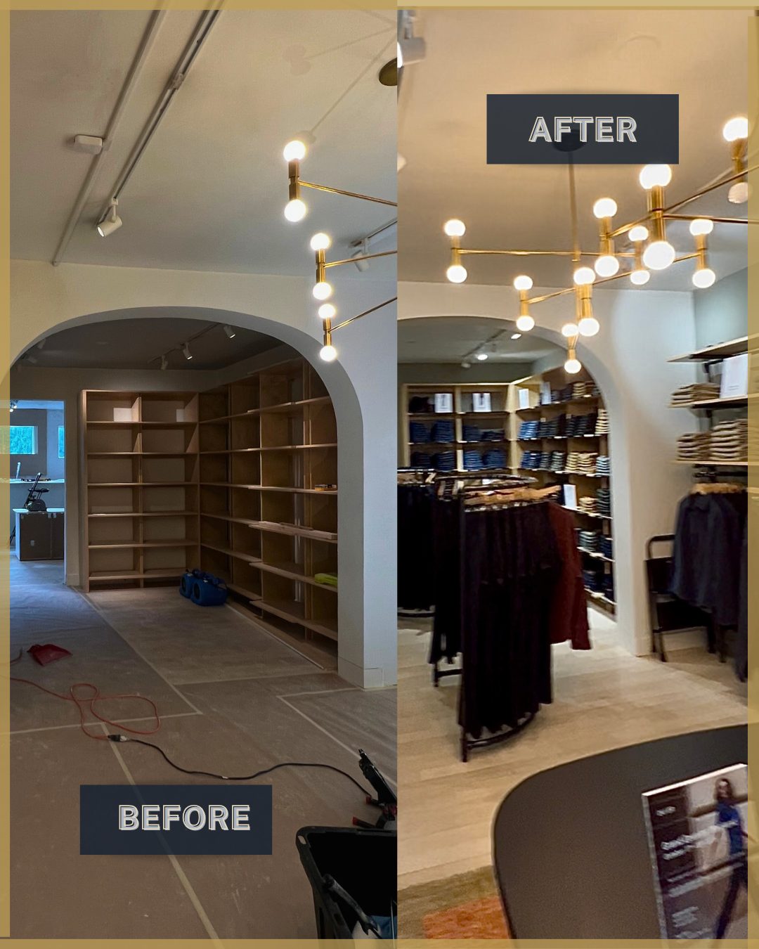 Before and after commercial interior renovation — shelving and lighting installation