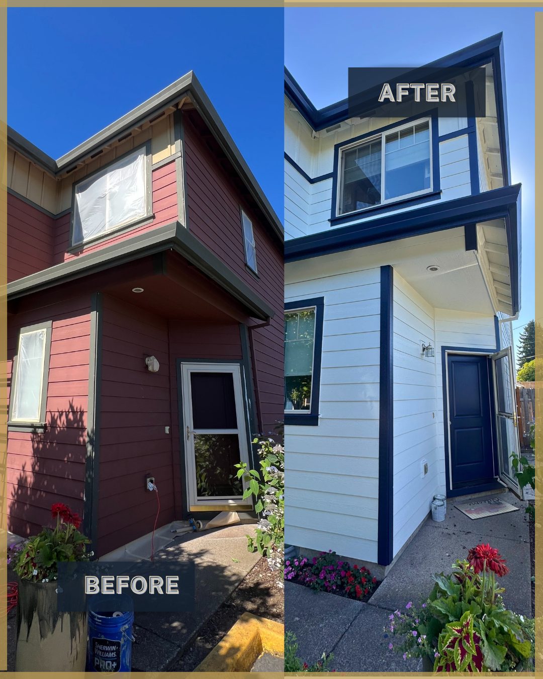 Before and after exterior house painting — dark red to white with dark trim