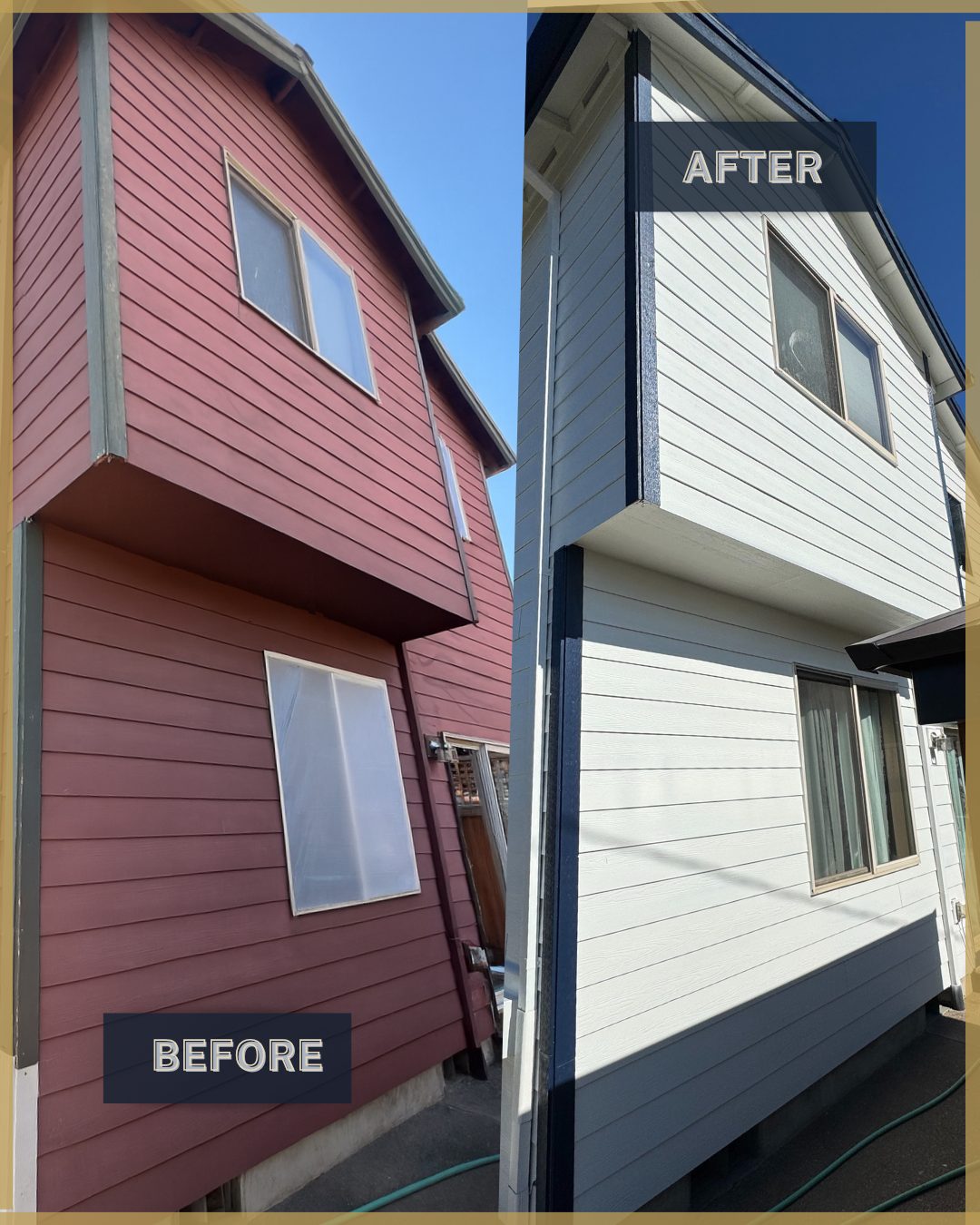 Before and after exterior two-story home painting — deep red to white and blue
